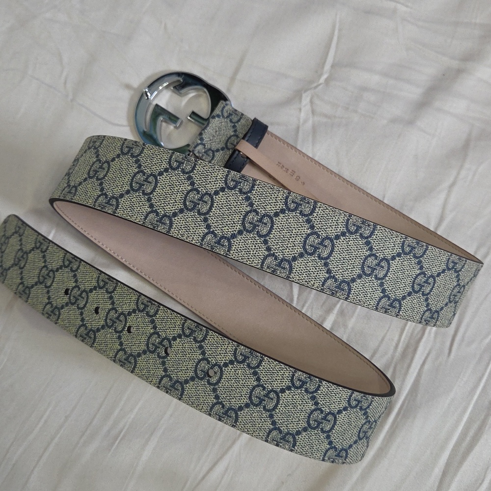 Gucci Blue Beige Monogram Belt with Silver Double G Buckle - Picture 15 of 16